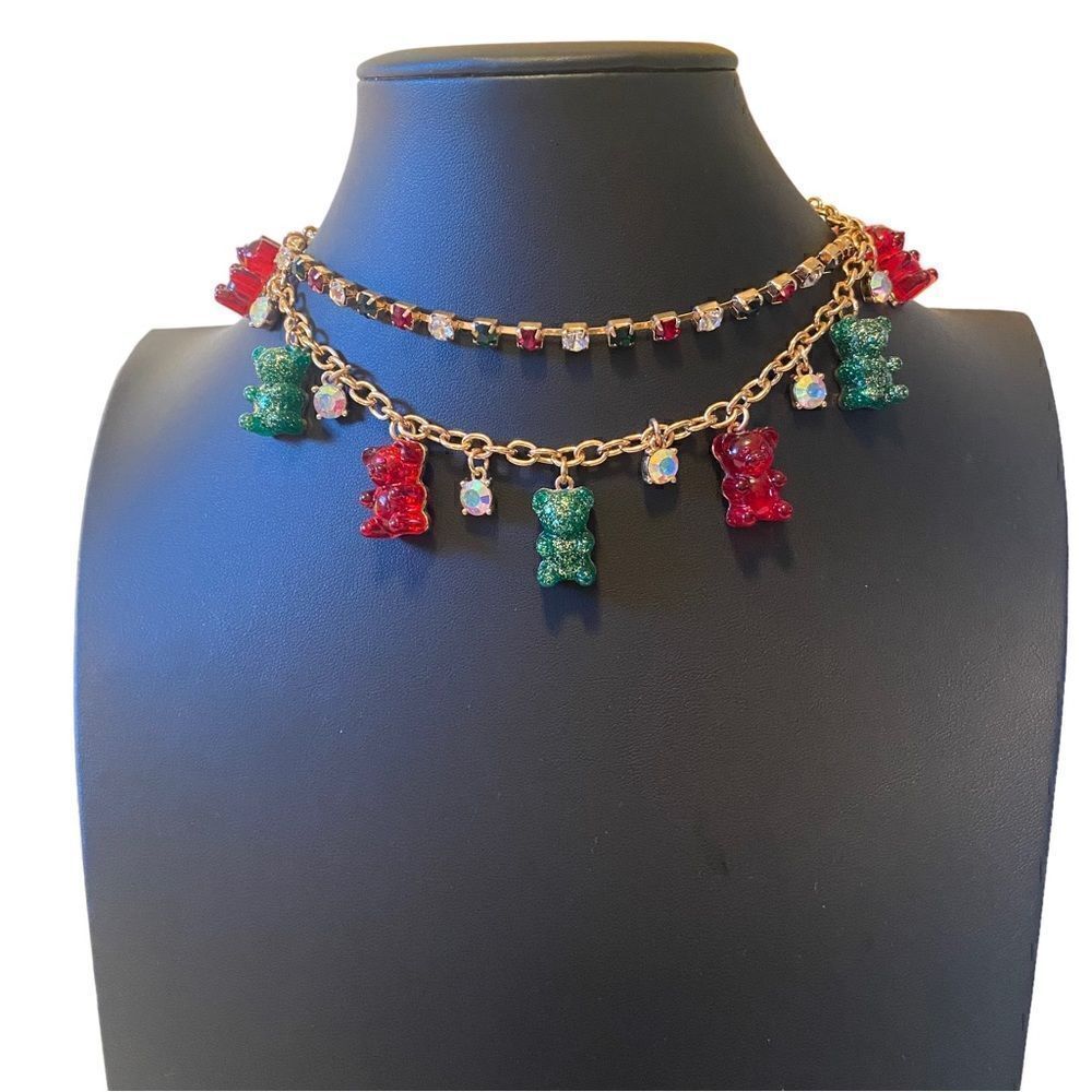 Betsey Johnson Sparkly Green & Red Mini Gummy Bear Charm Necklace.
